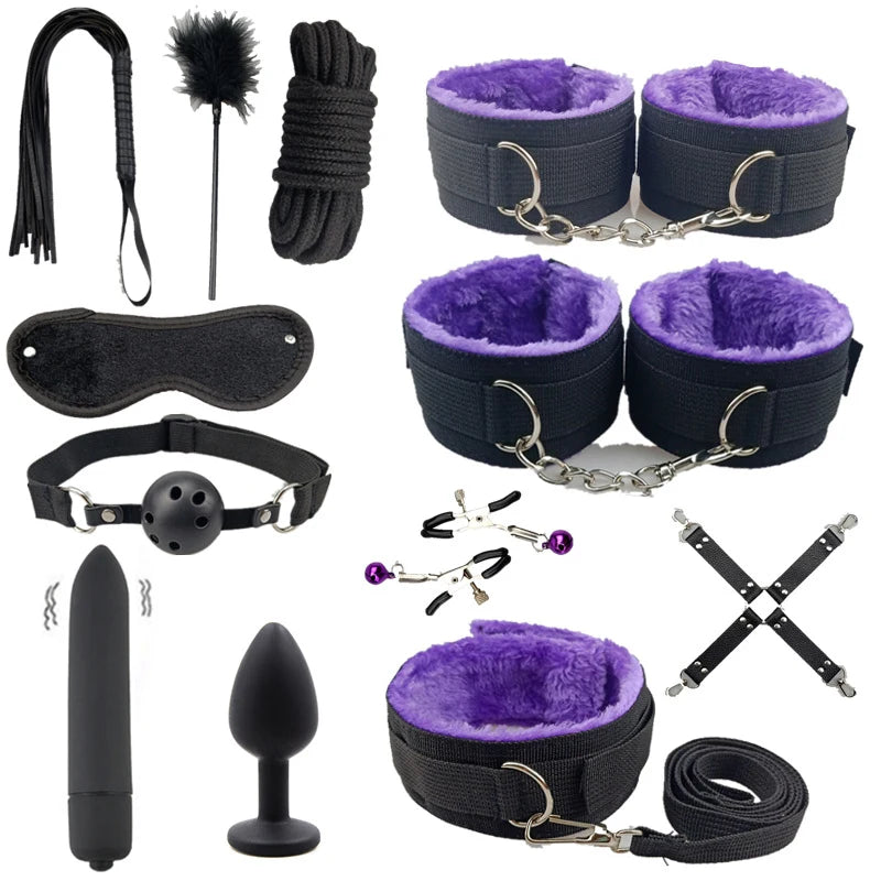 7/10/12 PCS Set  BDSM Bondage Set Adult SM Sex Products Sex Toys Kits For Adults Games Handcuffs Whip Vibrator Anal Plug Mouth Gag Erotic Couples Adults Sex Toys Accessories
