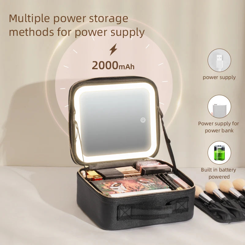 Make-Up Travel Train Case with LED Lighted Mirror, 3 Color Adjust Settings, Travel Makeup Bag With Adjustable Dividers Women Cosmetic Accessories
