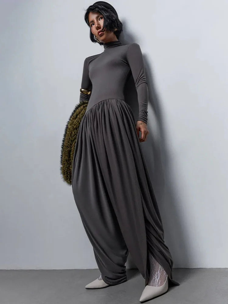 NEW Black/Gray/Coffee Color UK Size Long Sleeve Draped Sexy Jumpsuit Women Overalls Autumn Winter New Patchwork Solid Turtleneck High Waist Slim Jumpsuits Girls Streetwear Clothes