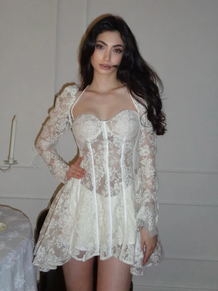 3 Different Types Elegant Patchwork Lace Short Dress Women Chic Full Sleeves See Through A-Line Slim Hollow Out Sling Dresses Lady Evening Party Wedding Guest Night Clubwear Prom New Arrivals