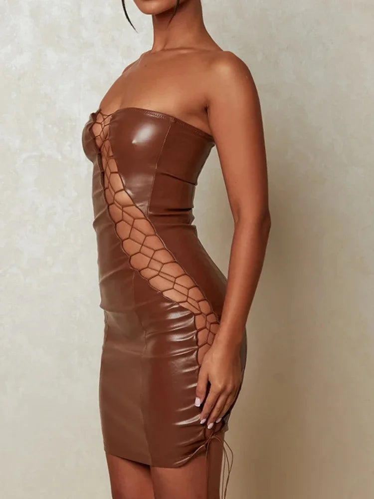 White and Black Color Women's Sexy PU Leather Cross Strap Hollow Out Slim Bodycon Dress Women Sleeveless Off Shoulder Mini Dress Evening Midnight Club Party Clothes