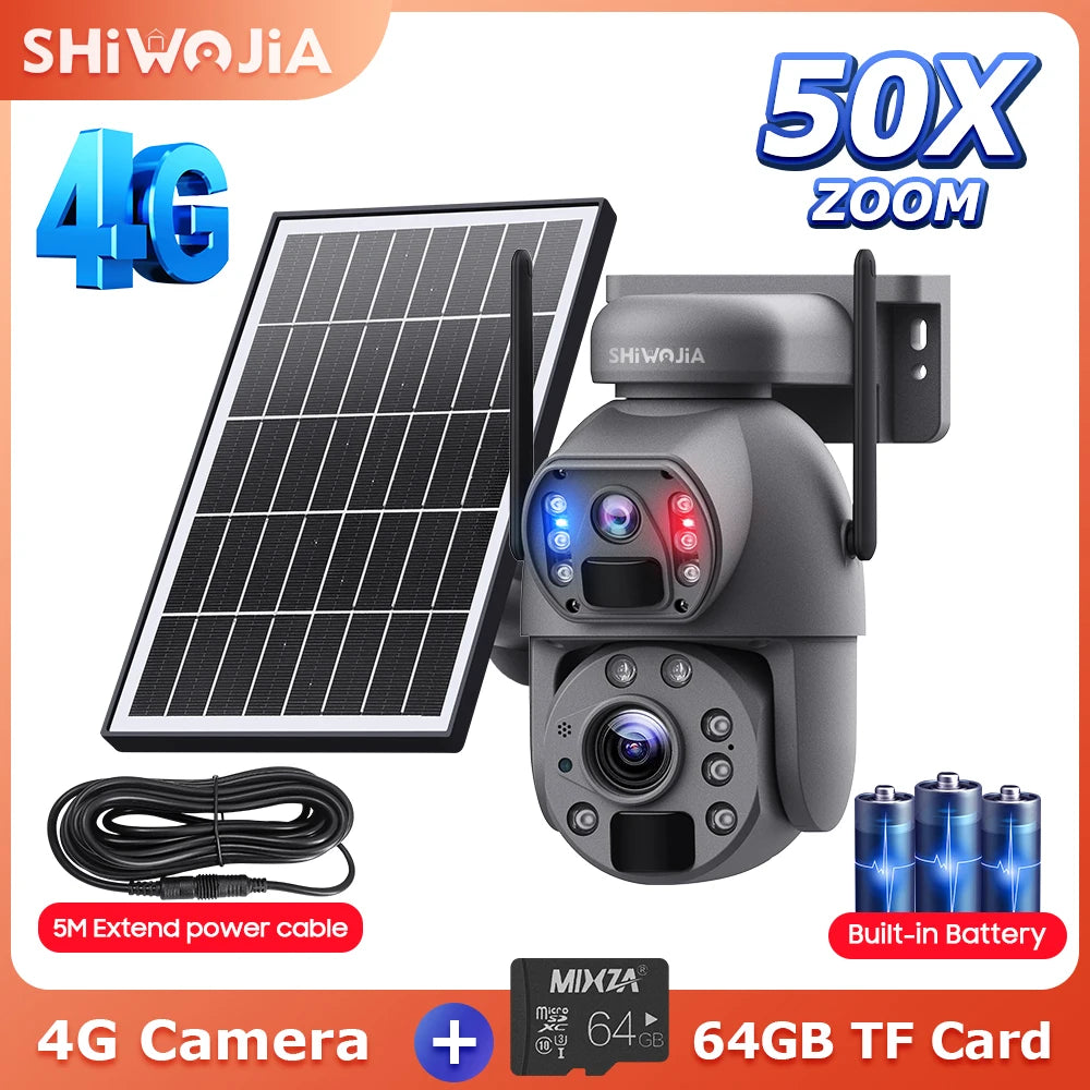 NEW 50X ZOOM 12MP 4G Sim Solar Camera Outdoor 360° Wireless WI-FI Battery Security Cameras Solar Panel PIR Night Vision Recording Home Office Factory Security Systems