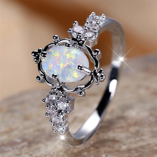 NEW Arrivals White Fire Australian Natural Pure Opal Oval Stone Engagement Rings (6-10 Size)  For Women Vintage Silver Color Luxury Crystal Wedding Bands Birthstone Jewelry Gifts