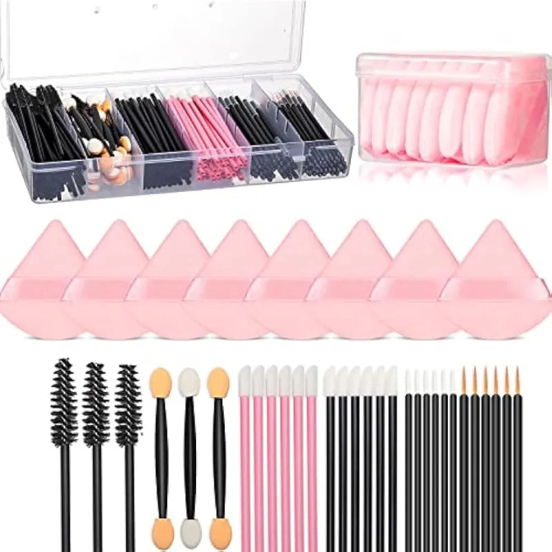 218pcs Disposable Makeup Tool Kit ，Professional Makeup Tools Set,Triangle soft Powder Puff / Brow brush/Mascara brush