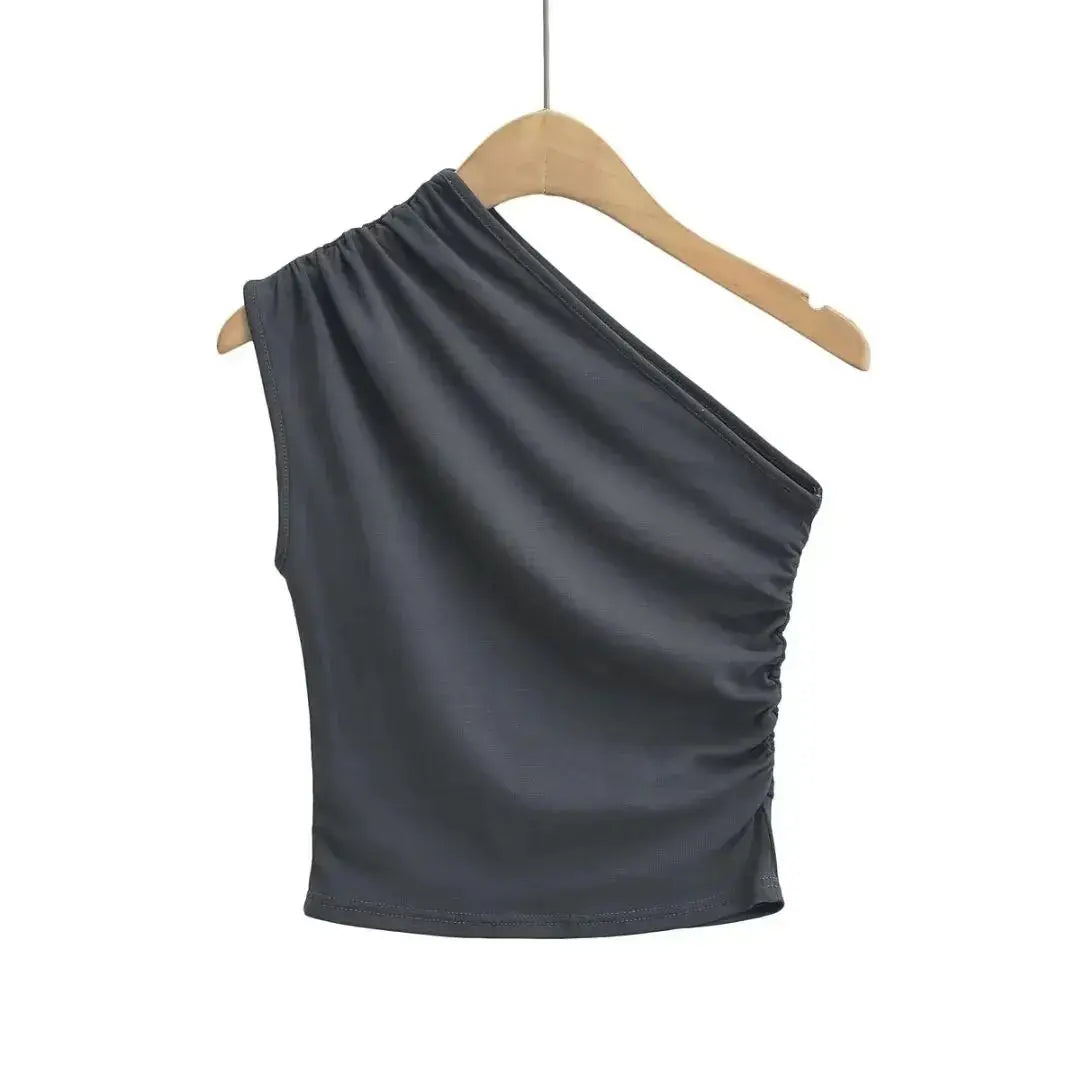 NEW Arrivals S-XL UK Size 4 Colors Women's One Shoulder Tank Top Sexy Hot Sweet Solid All-Match Summer Casual New Trend Folds Elegant Irregular Sleeveless Camisole Tops