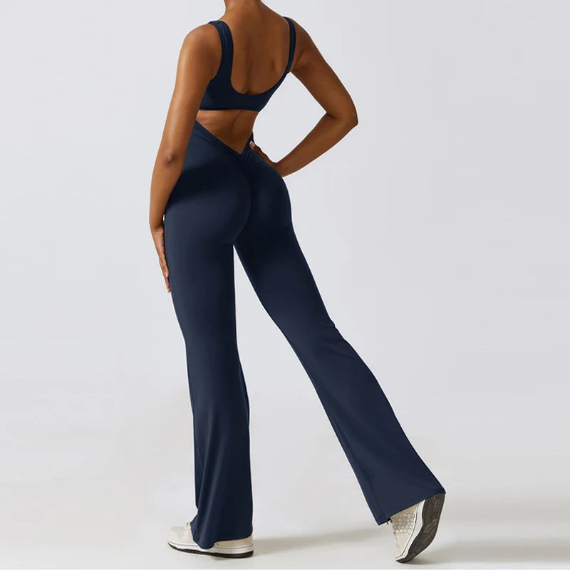 V Back Scrunch Gym Set Women Sport One-Piece Suit Yoga Suit Flared Pants Women Sports Jumpsuit Fitness Rompers Workout Bodysuits