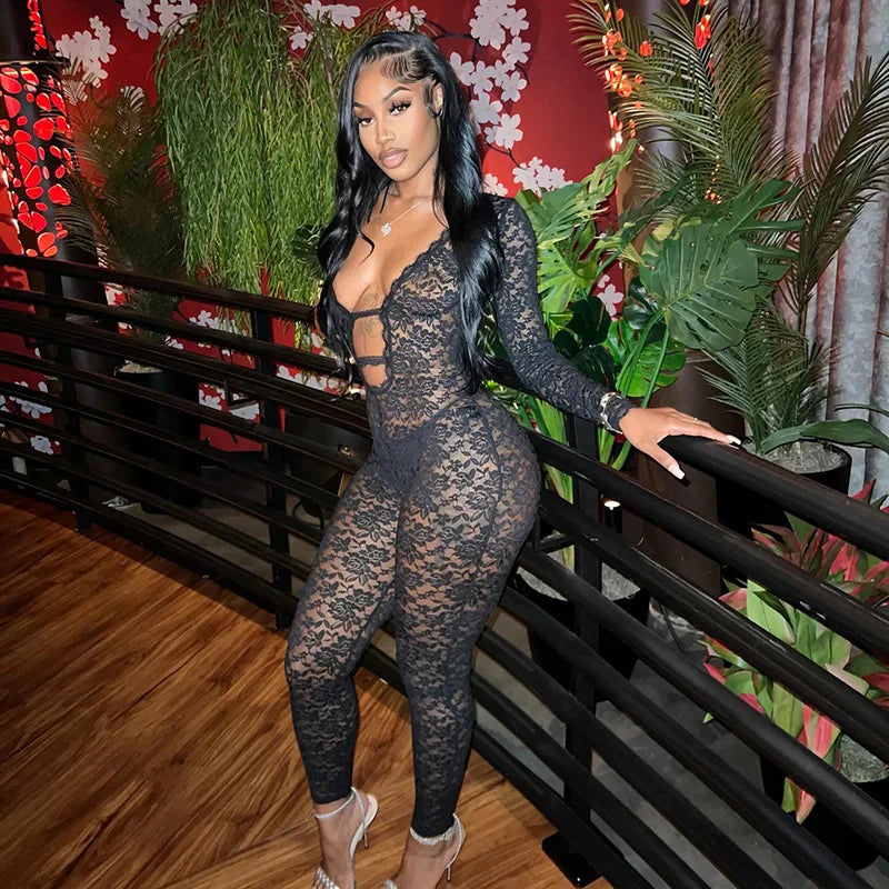 Just Arrived Sexy Black Lace See Through Long Sleeve Bodysuit Jumpsuit Women Clothes Night Clubwear Slim Fit One Piece Bodycon Mesh Playsuit