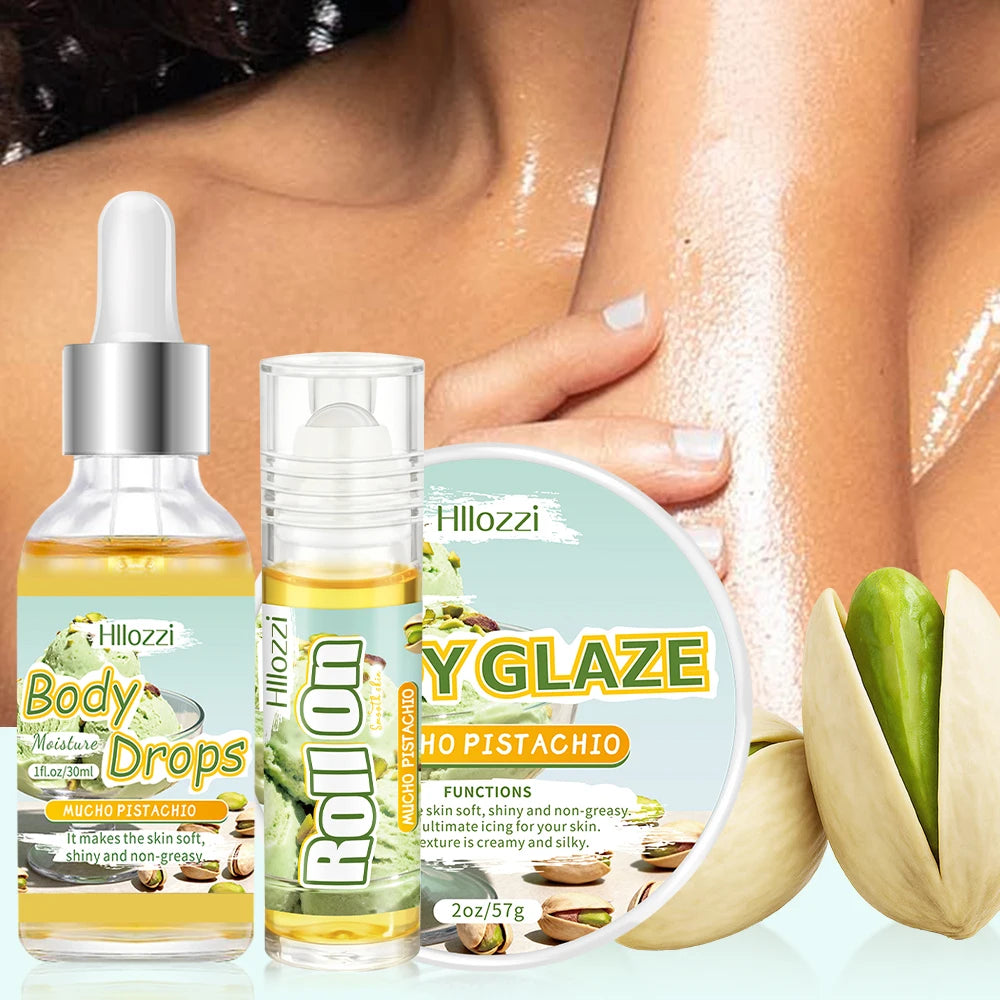3 PCS Set Pistachio Body Oil and Glaze Set Includes a Roller Applicator Oil for Moisturizing and Hydrating Face Body Drops Dry Skin. Korean Products Skin Care Sets