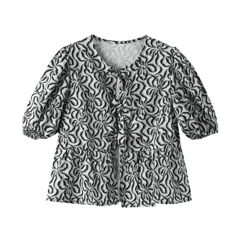 Leopard Print Shirt For Women Bow Lace Up O-neck Short Puff Sleeve Female T-shirt Summer Fashion All-match Street Lady Tops