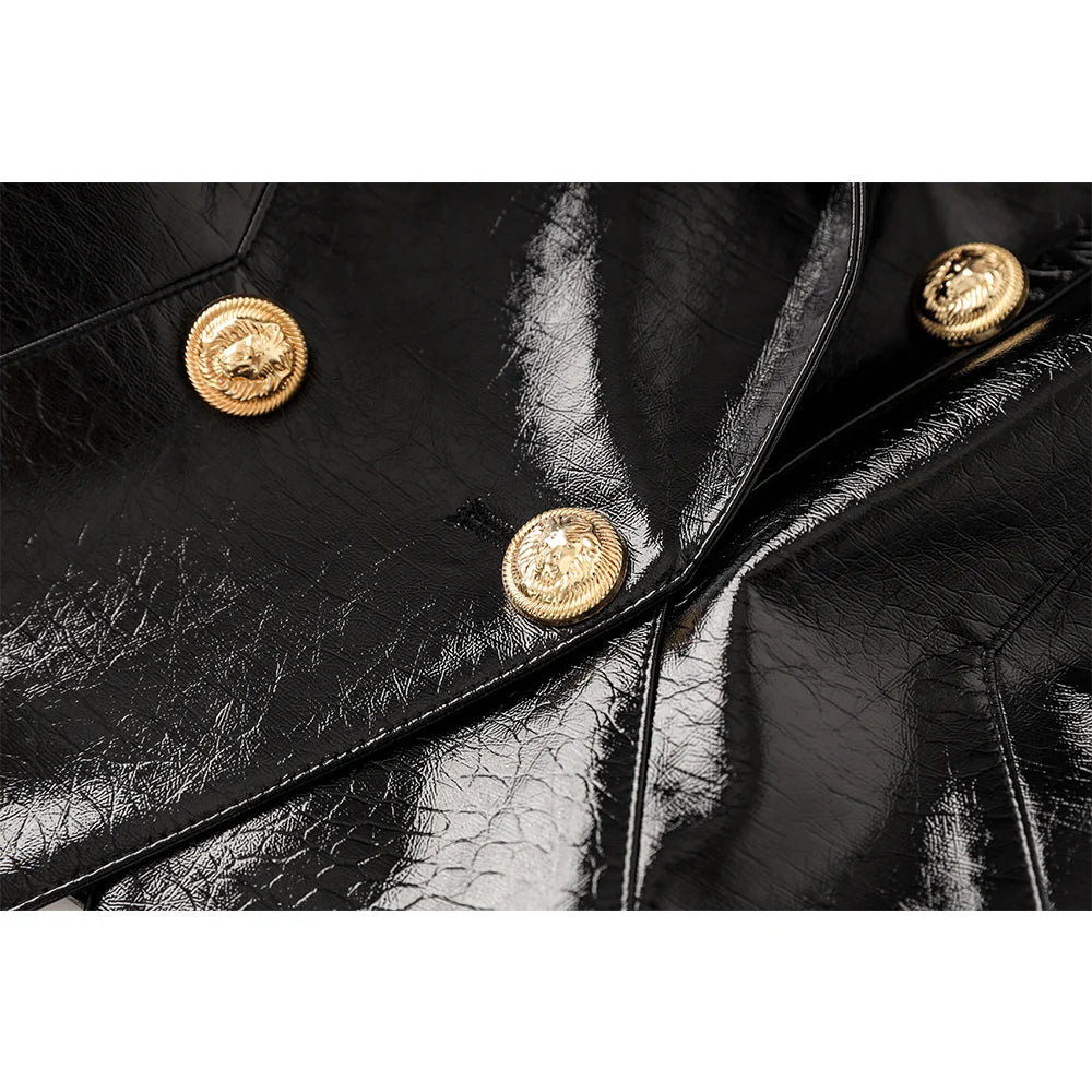 Latest Design Smooth Pu Leather Black Quality Blazer Double Breasted Buttons Women Fashion Jackets