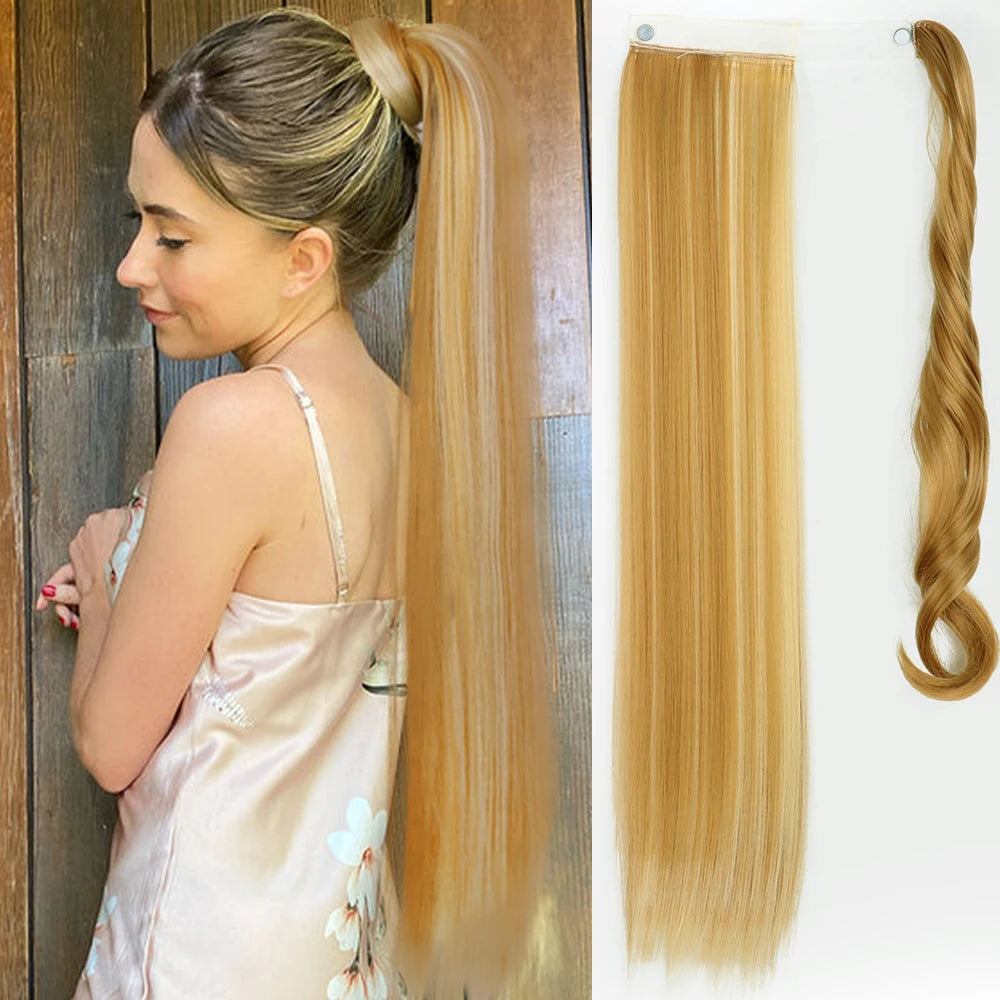 NEW  Synthetic Long Straight Wrap Around Clip In Ponytail Hair Extension Can Be Permed Heat Resistant Pony Tail Fake Hair