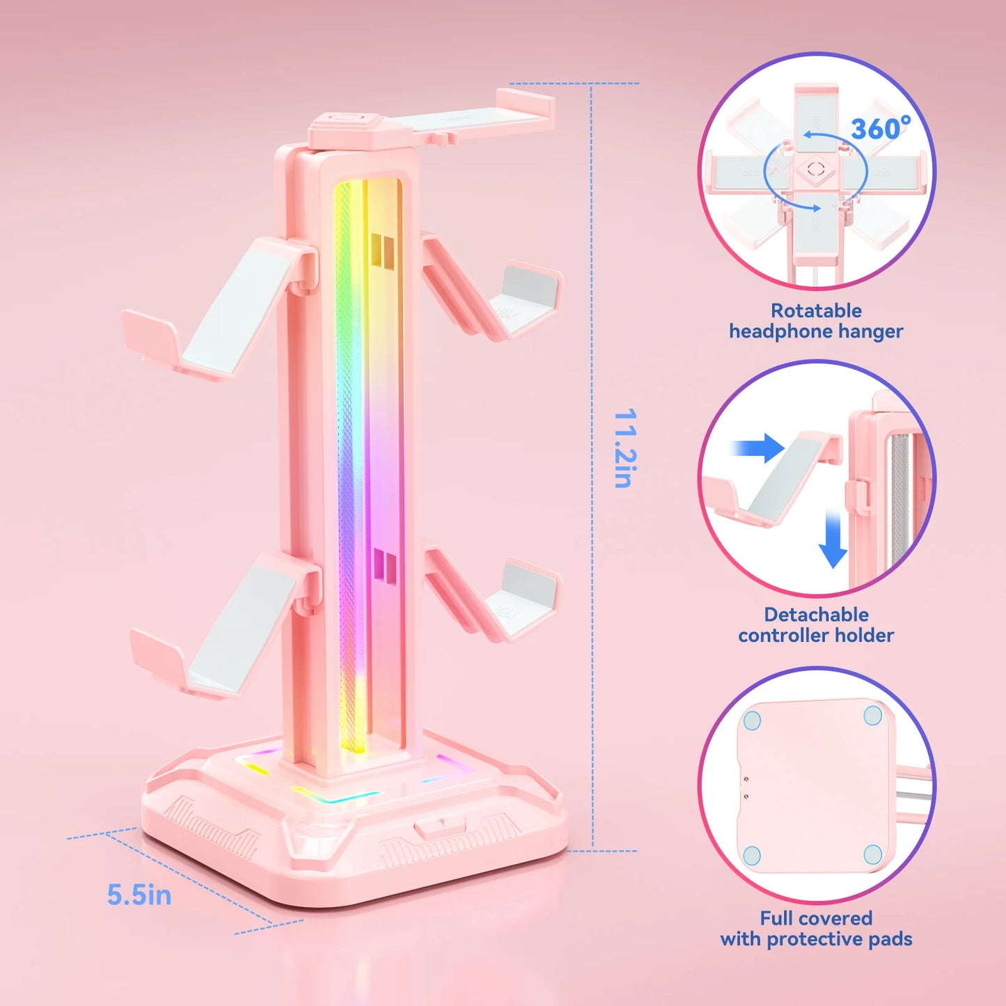 RGB Controller Stand with 9 Light Modes Headset Holder for Desk Rotatable Headphone Stand Detachable Controller Hook