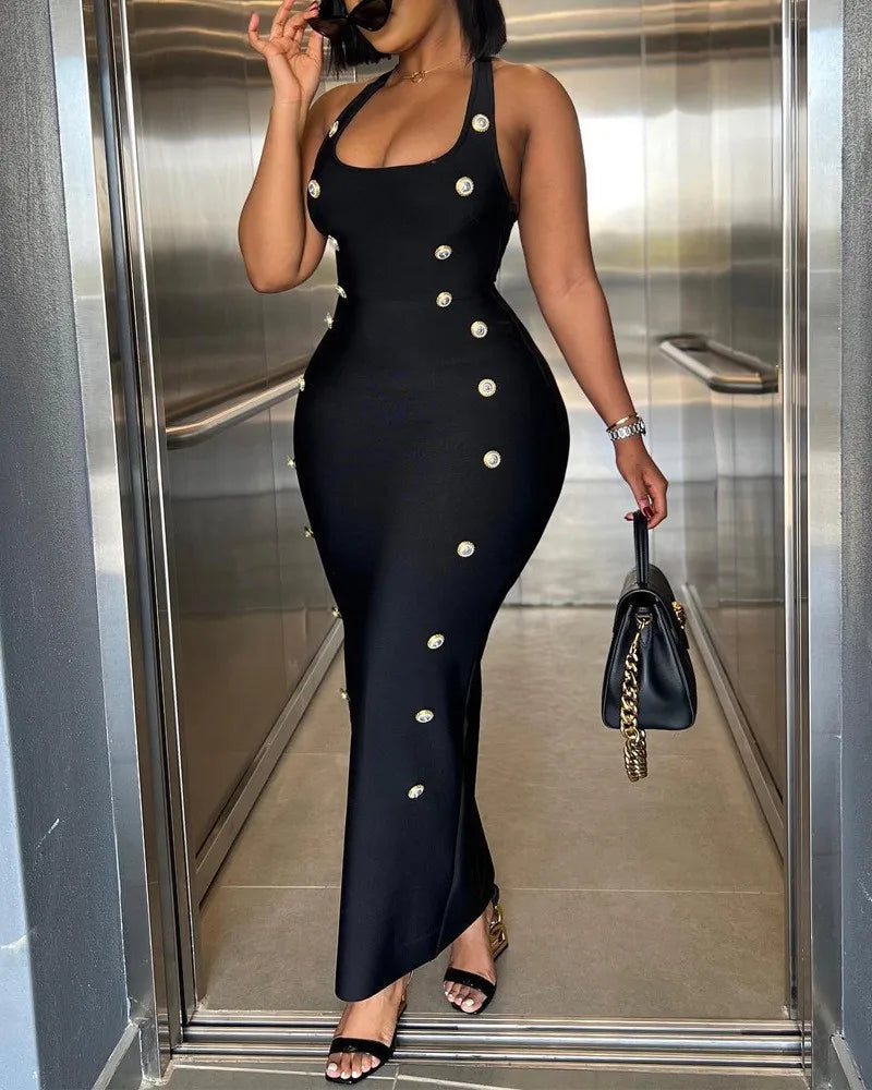 NEW Arrivals S-3XL UK Plus Size Chubby Women's Clothing Button Slim Lace-Up High Waist Sexy Skinny Slim Long Black Dress Sleeveless Evening Party Gown Ladies Fashion Apparel Supplies
