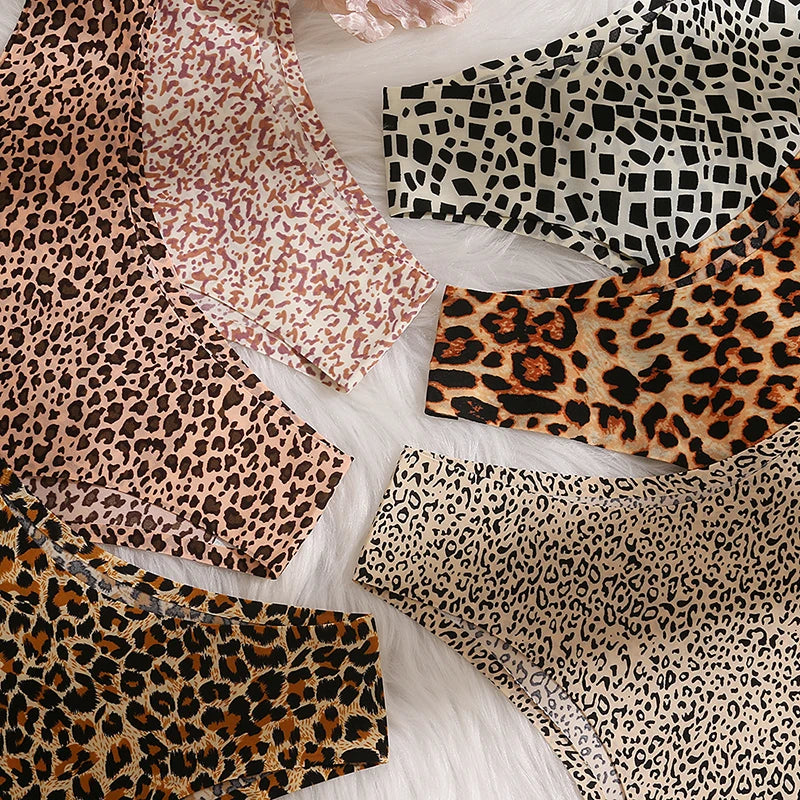 6PCS/Set Women's Panties Fashion Leopard Bikini Sexy Thongs Seamless Underwear Silk Satin Lingerie Sports Fitness G-Strings