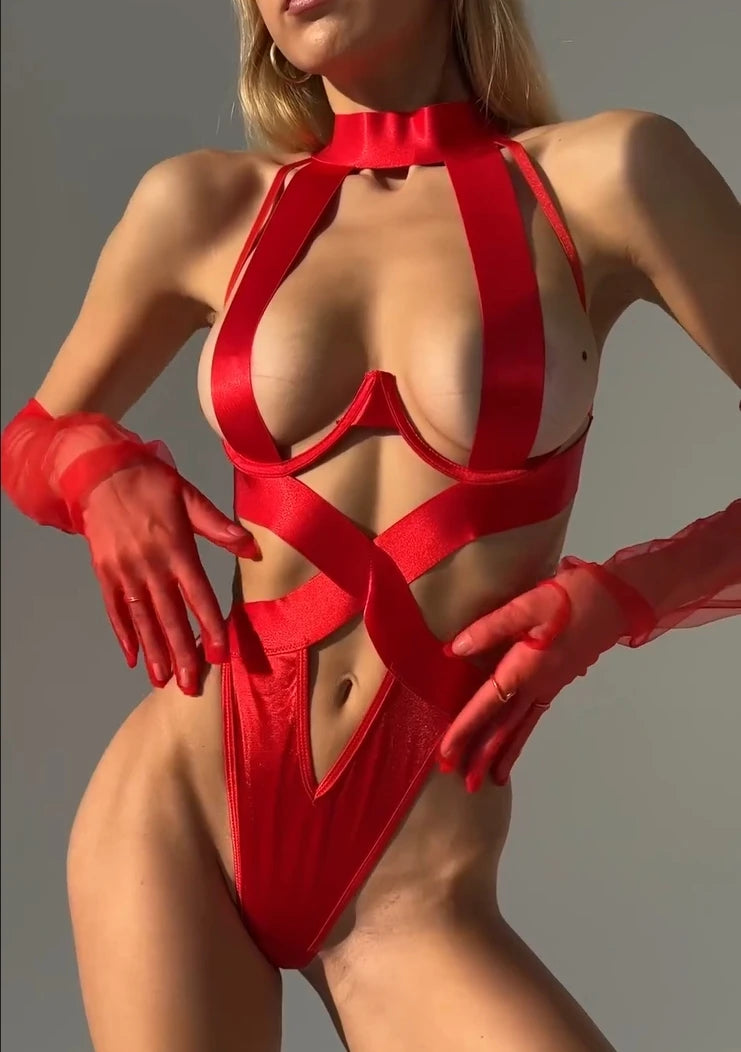 Yimunancy Erotic Halter Bandage Bodysuit Women Cut Out Sexy Badydoll Bodysuit Backless Thong Body Femme