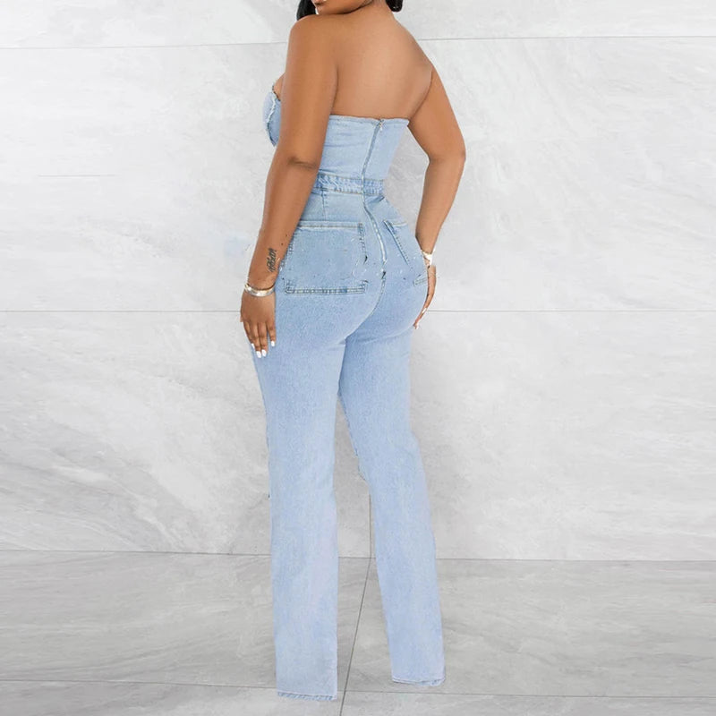 NEW Arrivals UK Size Casual Denim Jumpsuit Summer Women  Strapless V-Neck Zip Up Hole Street Trend Wide Leg Pants Club Romper With Pockets