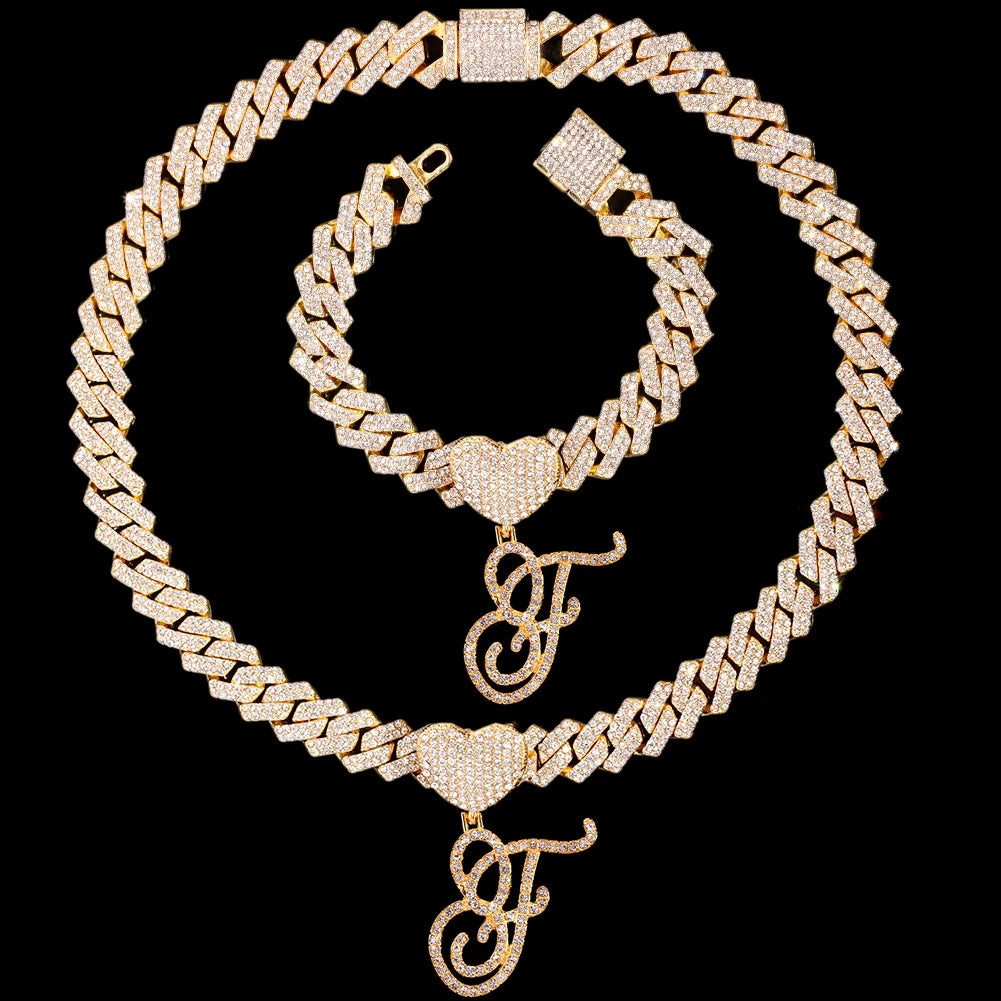 2 PCS Set New Fashion A-Z Initial Cursive Letter Luxury Rhinestones Pendant Cuban Necklace for Women Iced Out Cuban Link Chain Necklace Set Jewelry
