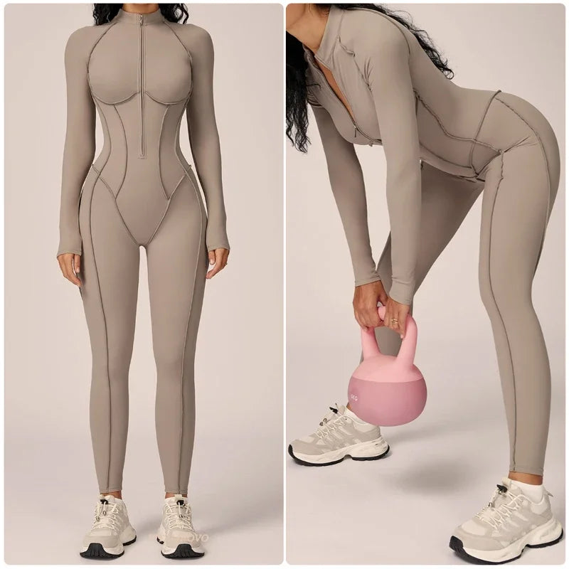 5 Colors Women's Running Onesie Athletic Romper Pants Long Sleeve Zip Up Hiking Outfits One Piece Workout Bodycon Jumpsuits emale Sports Apparel Supplies