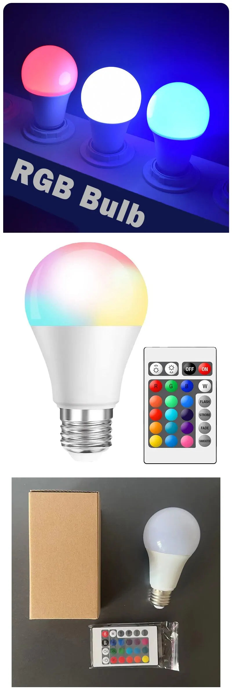 NEW Arrivals 16 Colors RGB Bulb LED Multicolor Bulb E27 220V Household Lighting Dimmable 24 Key Remote Control Smart Lamp Romantic Atmosphere Bedroom Living Room Light
