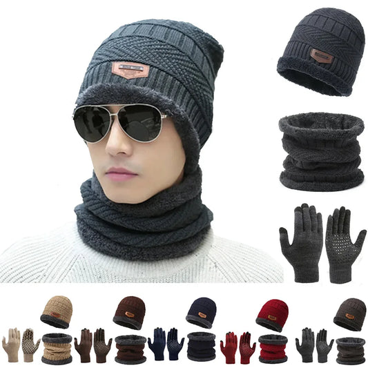 3 PCS Set Winter Fleece Thicken Windproof Hat Gloves Scarf Set Plush Warm Wool Knit Beanies for Men And Women
