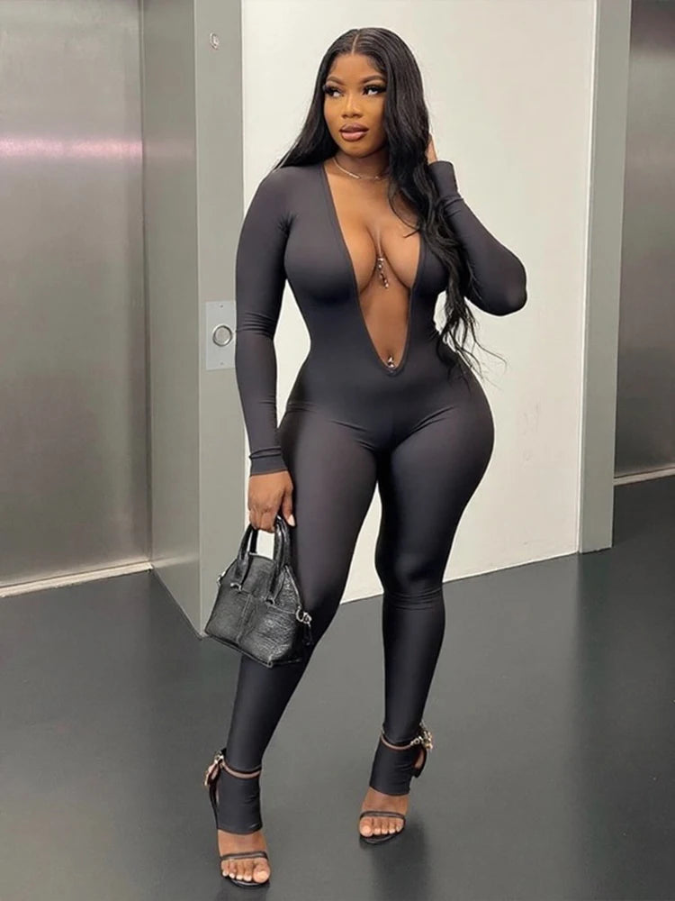 NEW Gray/Black Color Girls Backless Sexy Jumpsuit Women Basic Classics Deep V Neck Full Sleeve Backless Trend Midnight Clubwear Workout Overalls Women Sexy Fashion Clothing Supplies