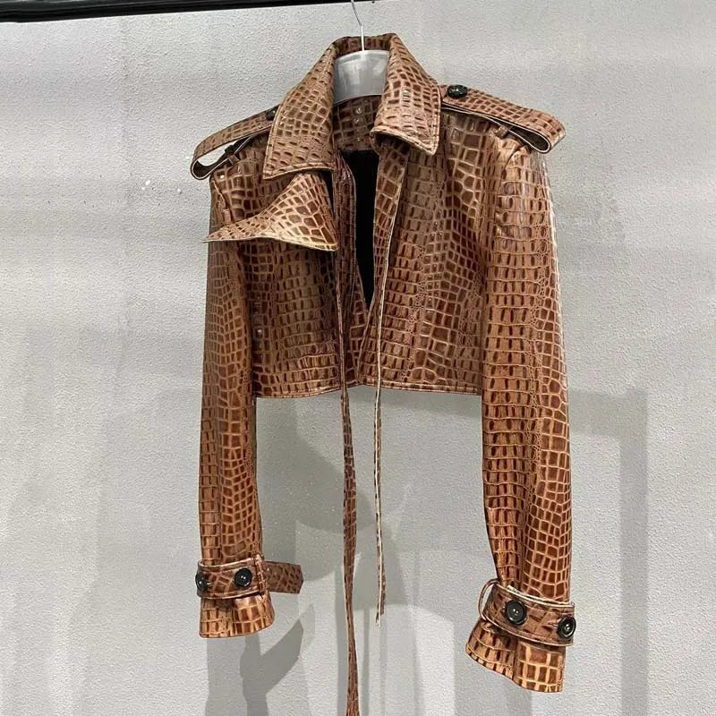 Women Coat Spring And Autumn New Arrival Genuine Leather Jacket With Long Belt Imitation Crocodile Texture Real Sheepskin