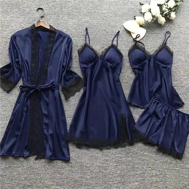 NEW BRANT 4PCS Set S-5XL Plus Size 6 Colors Women's Sleepwear Sexy Silk Ice Fabric Kimono Gown Home Clothes with Chest Pad Thin Material Comfortable Home Wear Ladies Nightgown Sets