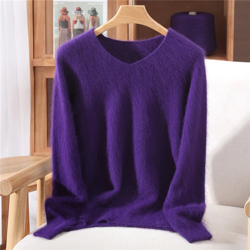 100% Mink Uzbekistan Cashmere 10 Colors S-3XL UK Plus Size Sweater Women's Autumn Winter New Style Solid Color V-Neck Knitted Top Quality Sweater Versatile Loose Base Top
