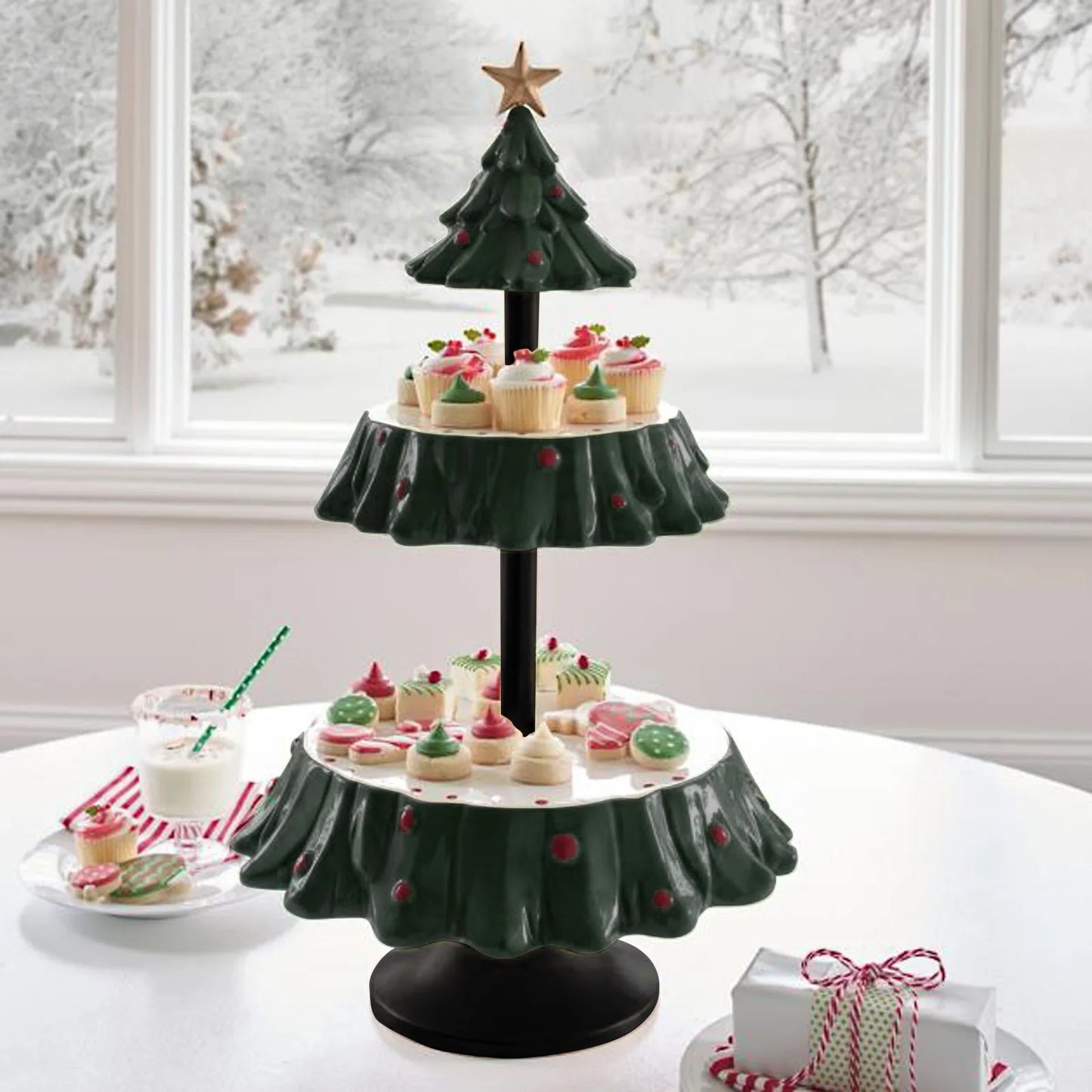 Christmas Tree Dessert Table Fruit Plate Double Layer Cake Stand Holiday Party Candy Plate Snack Tray