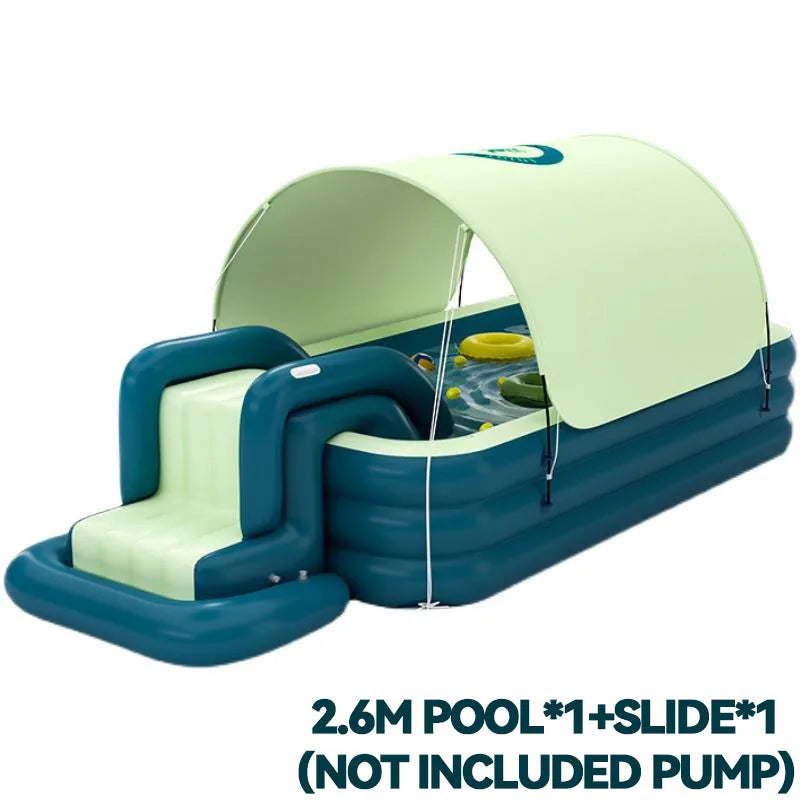 Home Villa Outdoor Large Size 3M Foldable Inflatable Water Pool with Sun Canopy and Slide, Children's Family Swimming Pool for Outdoor Party & Baby Water Fun Summer Water Sport Games