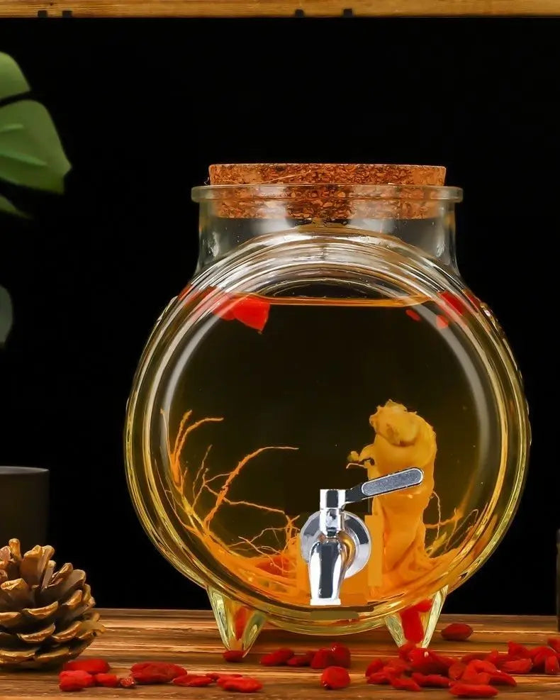 5000ML-3000ML Full Set Large Capacity Special Barrel Glass Wine Bottle with Faucet Wooden  Base, Fruit Wine, Ginseng Wine Barrel, Medicinal Wine Jar Home Bar Pubs Restaurants Barware Accessories
