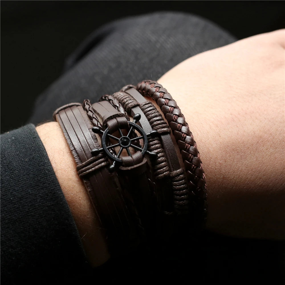 Trendy 10 Pcs/Set Rudder Charm Leather Women  Men Bracelets Bangles Wrap Wrist Strap Weave Braided Homme Jewellery