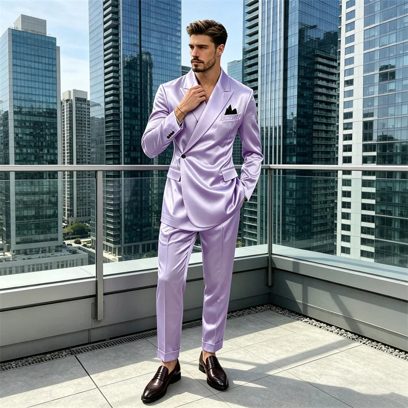 8 Colors 2 PCS Set S-7XL Extra Plus Size Men's Luxury Satin Suit Asymmetrical Wrap Peak Lapel Silk Suit One Button Slim Fit Blazer Pants Wedding Celebrity Red Carpet Business Formal Evening Luxury Outfit