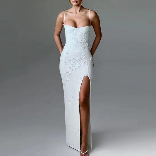 NEW Red/White Color Women's Maxi Gala Dress Elegant 3D Flower Spaghetti Strap Dress Fashion High Split Club Party Dress