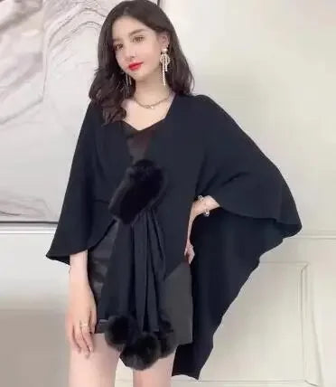 NEW Arrivals 5 Color High Quality Autumn Winter Warm Oversize Cloak Knitted Criss-Cross Poncho Capes Women Female Loose Faux Fur Ball Streetwear Cardigan Shawl Knitwear Girls Ladies Luxury Apparel Accessories Clothing Supplie