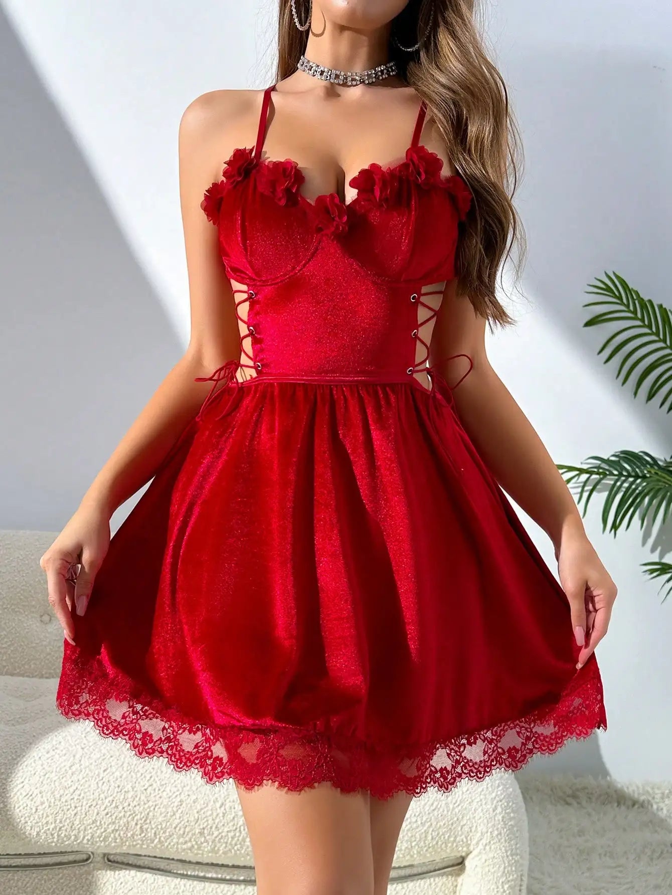 Fashionable Elegant Noble Lace-Up Lace Nightgown Sleepwear Sexy Embroidered Velvet Nightgown Women's Pajamas Female  Underwear Supplies Nightdress Ladies Sexy Lingerie Fashion Clothing Products