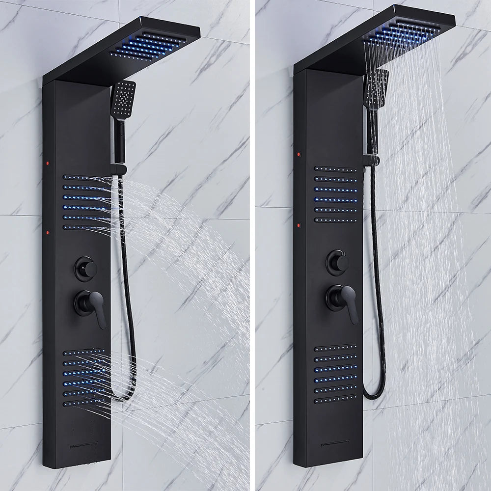 Silver Nickel and Black Color Luxury Massage Spa Shower Column LED Lights Rainfall Bathroom Faucet with Massage Jet Bath Panel System  5 Modes Waterfall Hot Cold Mixer Tap Home Hotels Bathroom Supplies