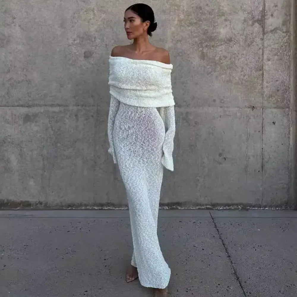 NEW Arrivals UK Size Black/Khaki/White Color Sexy Long Sleeve Hollow Out Knitted Dresses Women Elegant Off Shoulder Knit Long Dress Evening Beach Party Night Club See Through Dress