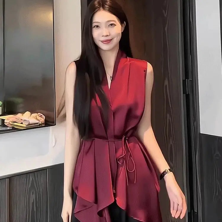 NEW S-3XL Plus Size 4 Colors Temperament Satin Sleeveless Tank Top Top Tee Summer Fashion Lacing Pleated Mid Length Top Ladies Fashionable V-Neck Blouse Tops