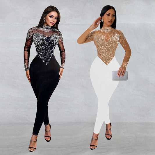 Low-Price Sales are Limited NEW S-2XL Black/Apricot Rhinestones Mesh See Though Bodycon Evening Night Club Party Jumpsuits Women Round Neck Long Sleeve Slim Playsuits Sexy Overalls Girls Ladies Luxury Fashion Clothing Supplie