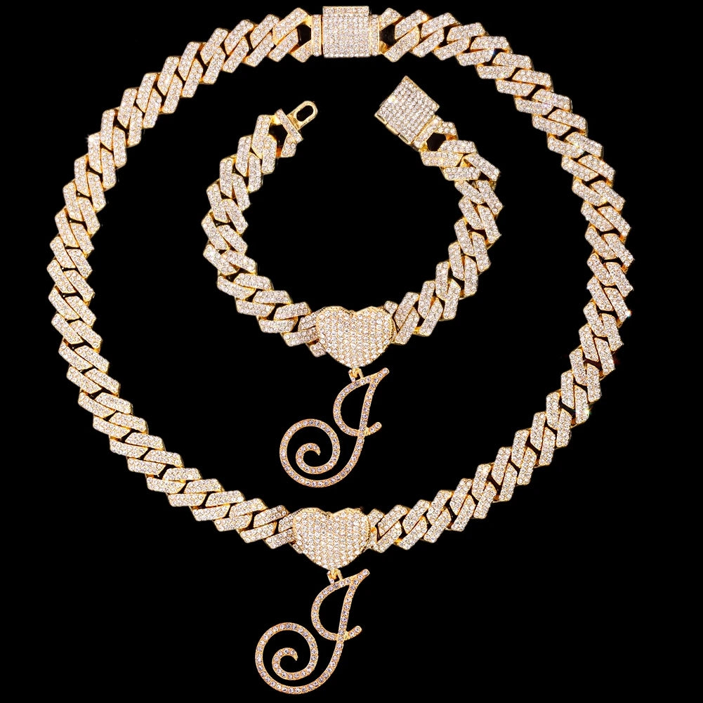2 PCS Set New Fashion A-Z Initial Cursive Letter Luxury Rhinestones Pendant Cuban Necklace for Women Iced Out Cuban Link Chain Necklace Set Jewelry
