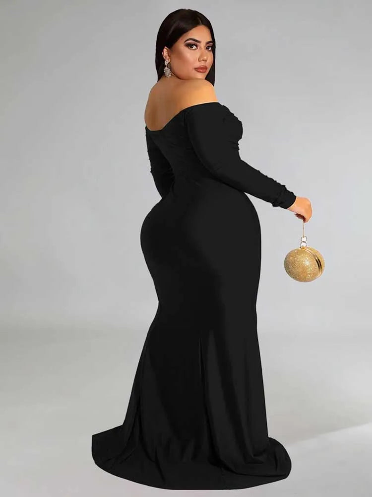 NEW Arrivals XL-4XL UK Size Green/Red/Black/Blue Curvy BBW Women Elegant Luxury Off The Shoulder Dress Strapless Long Sleeve Evening Party Wedding Birthday Dress Spring Plus Size Female Side Slit Dress