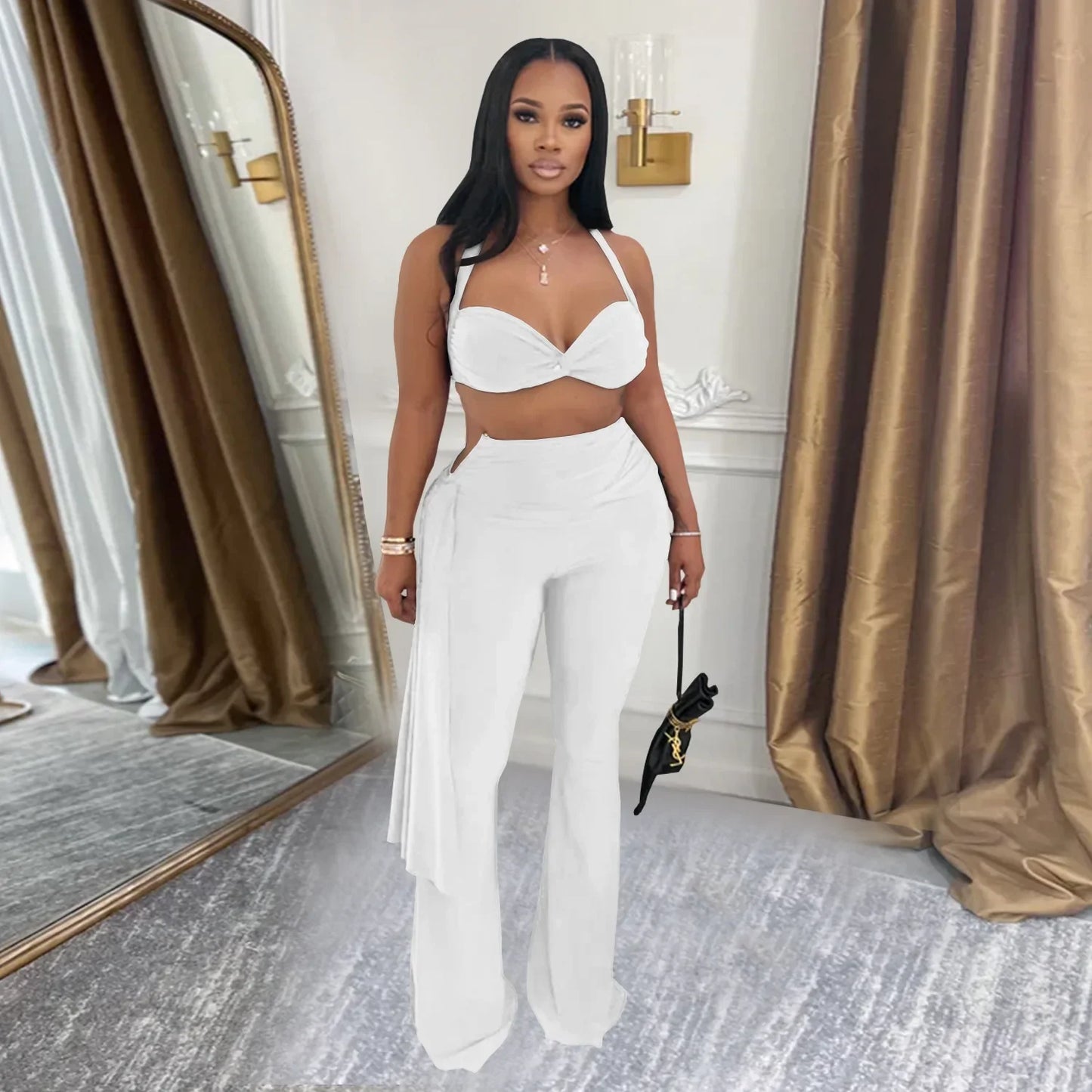 2 PCS Set S-2XL Fashionable C7485 Cross-Border Sexy Summer Strapless Long Pants Set Women's Polyester Fiber Clothing