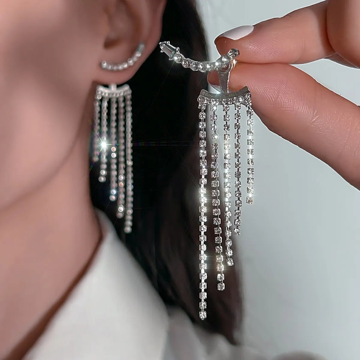 Korean Full Rhinestone Long Tassel Drop Earrings for Women Exquisite Luxury Zircon Crystal Earrings Female Jewelry Wholesale