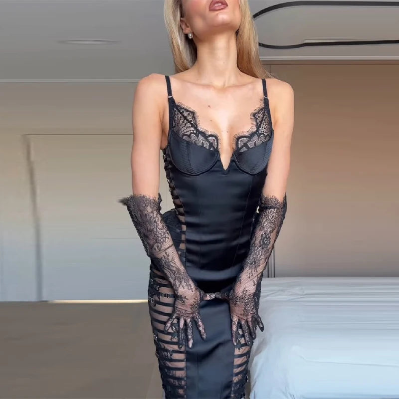Just Arrived Sexy Satin Cut Out Lace Trim Satin Bodycon Luxury Dress Women's Elegant Strap Slim Under Knee Sleeveless Wedding Guest Formal Dresses Lady New Trend Club Date Night Gown