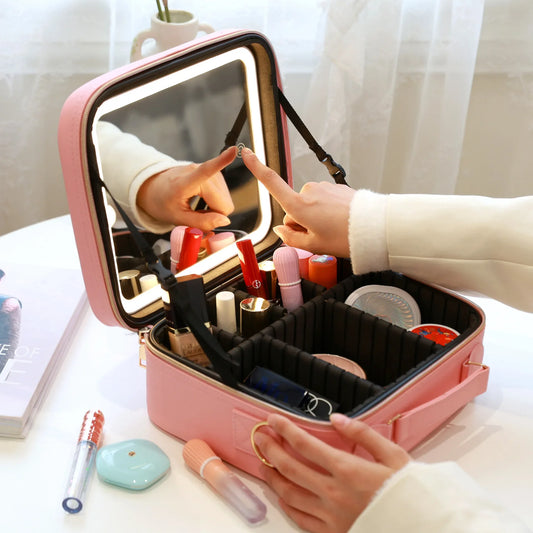 NEW Arrivals Large Capacity Make-Up Bag with Light And Mirror Portable LED Cosmetic Case Handheld Storage Organizer Elegant Pure Color Design Women Cosmetic Tools