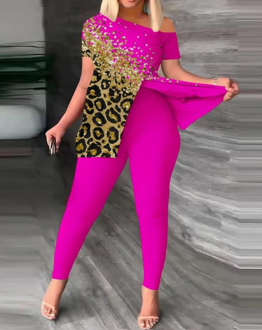 New Fashion Summer Casual 2PCS Set Women Female Evening Beach Party Night Club Outfit Contrast Leopard Skew Neck Slit Sexy Top & Pants Set Ladies Girls Luxury Fashion Clothing Supplies