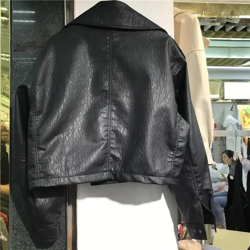 NEW Arrivals Vintage Casual Streetwear Women Leather Jacket Turn Down Collar Long Sleeve Loose Autumn Winter Coat  Style Chic Tops