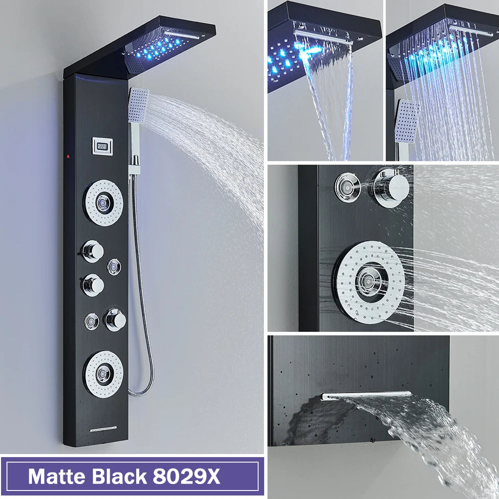 Silver Nickel and Black Color Luxury Massage Spa Shower Column LED Lights Rainfall Bathroom Faucet with Massage Jet Bath Panel System  5 Modes Waterfall Hot Cold Mixer Tap Home Hotels Bathroom Supplies