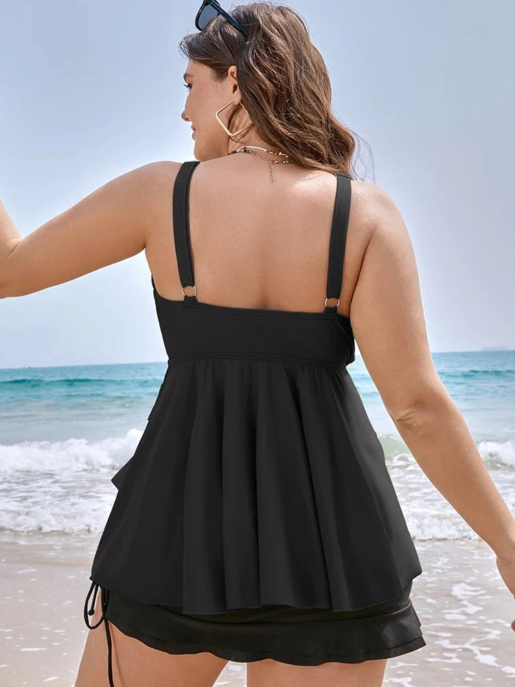 Plus Size Two Piece Tankini Set Woman Swimsuit Knotted Front Ruffle  Swim Dress Abdomen Control Chubby Swimwear 2 Pieces